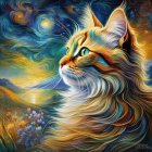 Colorful Painting of Orange Tabby Cat with Flowers and Cosmic Background