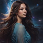 Digital painting: Woman with long brown hair, flowers, feathers, starry background