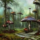 Fantastical landscape with oversized mushrooms and misty mountains