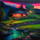 Colorful twilight landscape with whimsical houses, river, boat, trees, and aurora sky