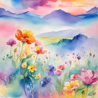 Colorful watercolor painting: Mountains at dusk with vibrant blooming flowers