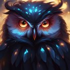 Colorful Digital Artwork: Owl with Luminous Feathers in Blue, Orange, and Brown