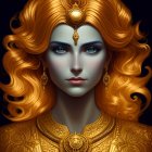 Golden-haired woman with blue eyes and ornate jewelry in regal digital portrait