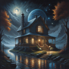 Glowing starry night scene with crescent moon over cozy house by river