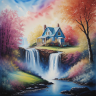 Colorful trees and grand house on waterfall in mystical landscape