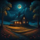 Vibrant stylized house by lake at night with full moon