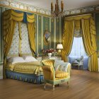 Luxurious vintage room with elegant furnishings, chandelier, and model ship on table