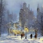 Impressionistic painting: City street at dusk with illuminated buildings and snow-covered ground