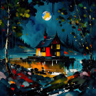 Vibrant digital artwork: Cozy cottage by moonlit lake & whimsical forest