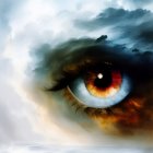 Colorful surreal painting: Eye in stormy skies and seas