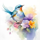 Colorful Bird on Branch Surrounded by Pastel Leaves and Flowers