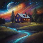 Cozy house by stream under starry sky with moon, surrounded by lush nature.