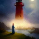 Colorful lighthouse illustration with caped figure and boats in serene dusk.