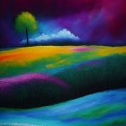 Vibrant digital artwork of surreal landscape with sheep, stream, flowers, and tree under stormy