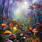Enchanted forest path with glowing mushrooms and moonlit sky