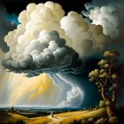 Dramatic landscape painting of storm with lightning and lone tree