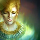 Stylized portrait of woman with golden hair, crown, and jewelry in warm, abstract glow