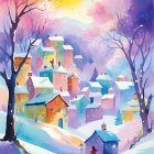 Vibrant Snowy Village Painting with Colorful Houses & Trees