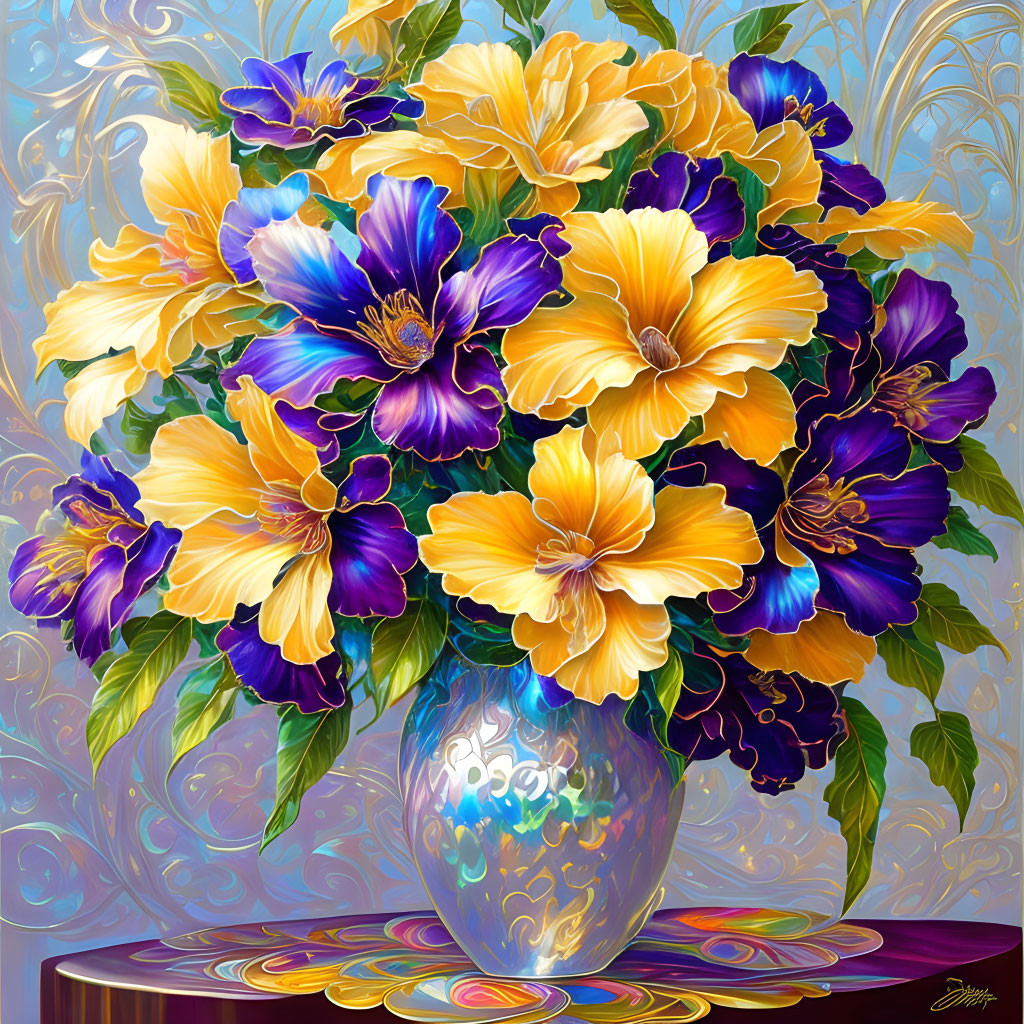 Purple and Yellow Floral Arrangement in Blue Vase on Swirl-Patterned Background