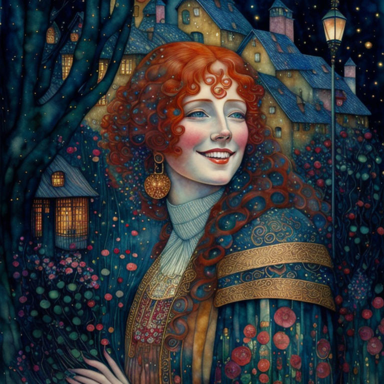 Illustration of smiling woman with red hair in patterned cloak amid whimsical scenery