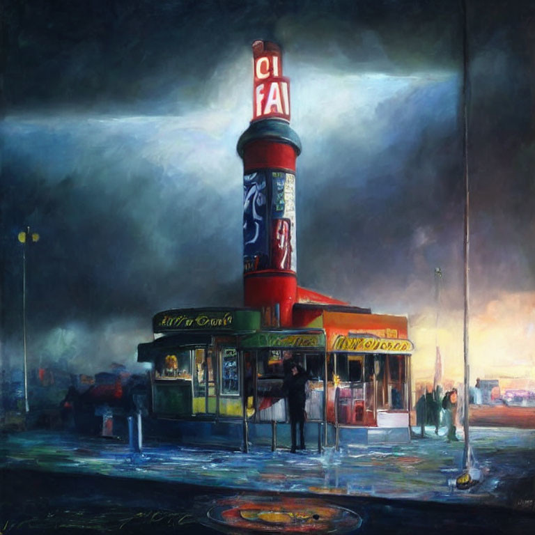 Vintage diner painting with neon signs and customers at twilight