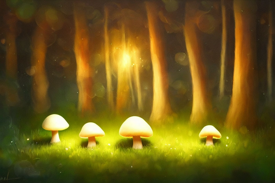 Sunlit Forest Glade Illustration with Mushrooms and Magical Atmosphere