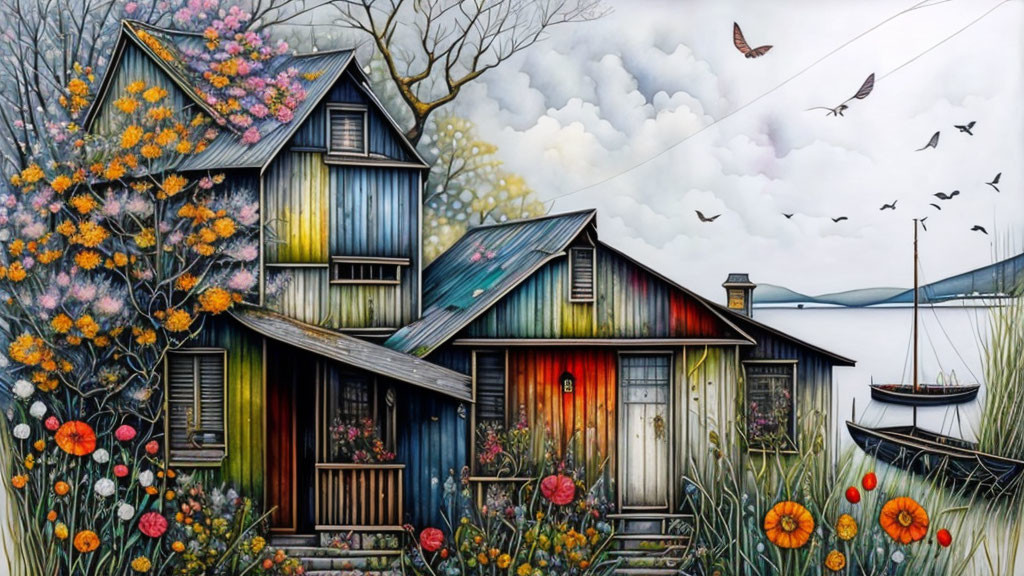 Vibrant illustration of quaint house, flowers, birds, lake, boat