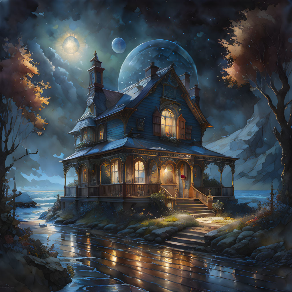 Victorian-style house at twilight with moon, stars, and river