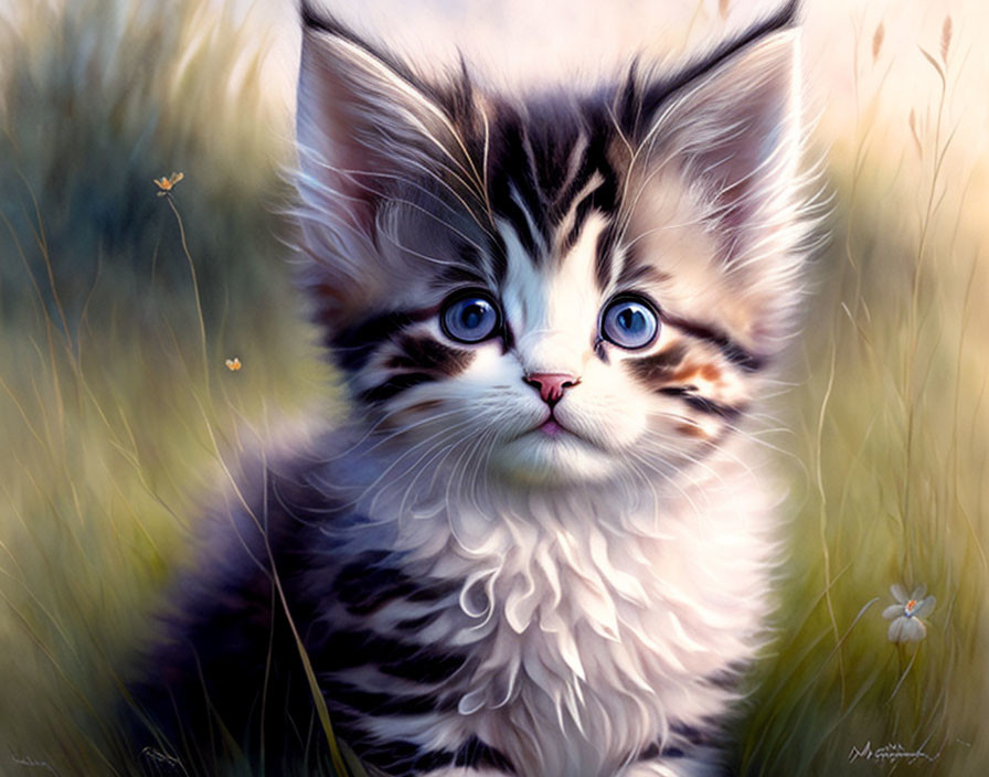 Blue-eyed fluffy kitten in field with wildflowers and butterflies