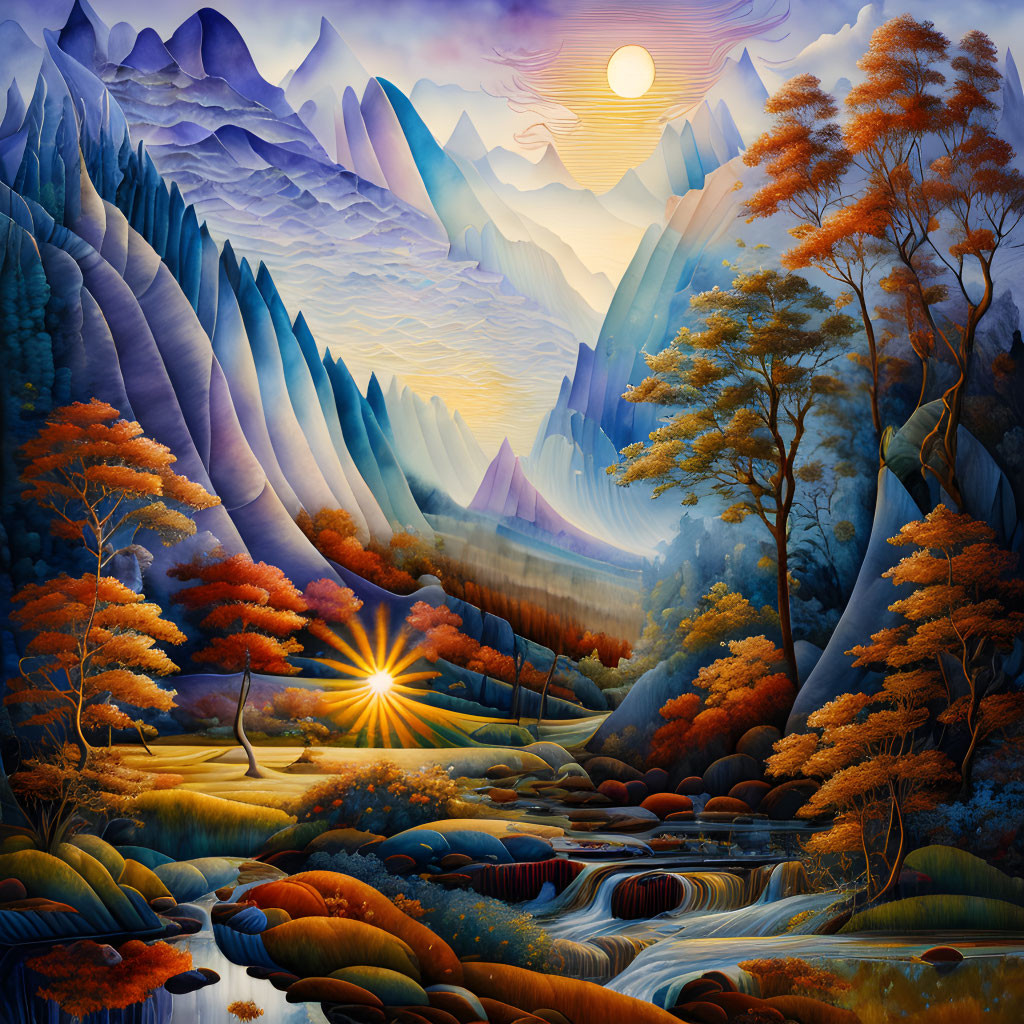 Scenic landscape with mountains, sun, autumn trees, river, and mist