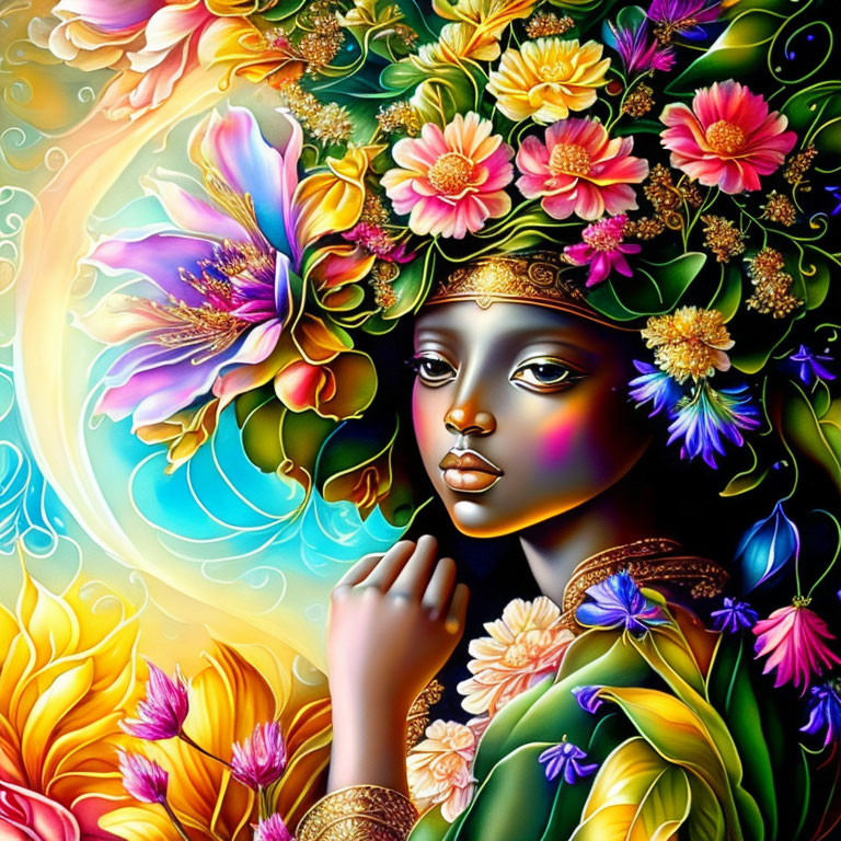 Colorful illustration of woman with floral patterns and gold accents