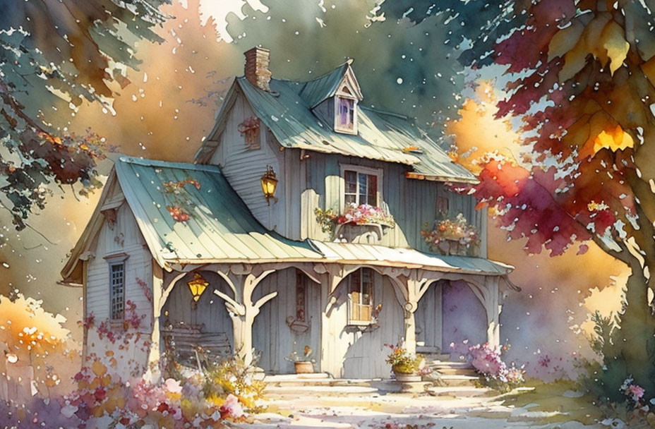 Blue Cottage Surrounded by Autumn Leaves and Sunlight