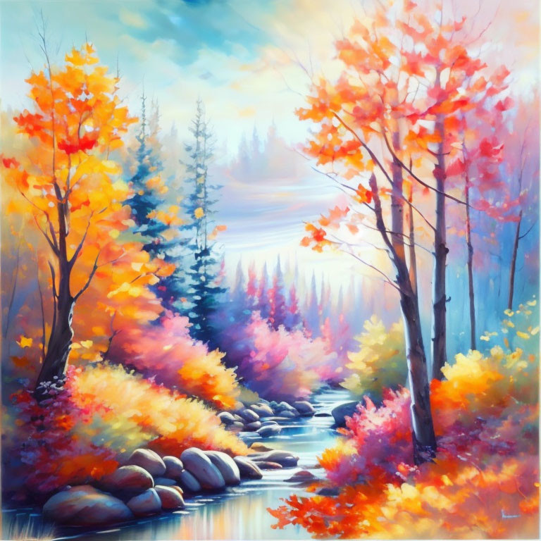 Colorful Autumn Landscape with Stream and Glowing Sky