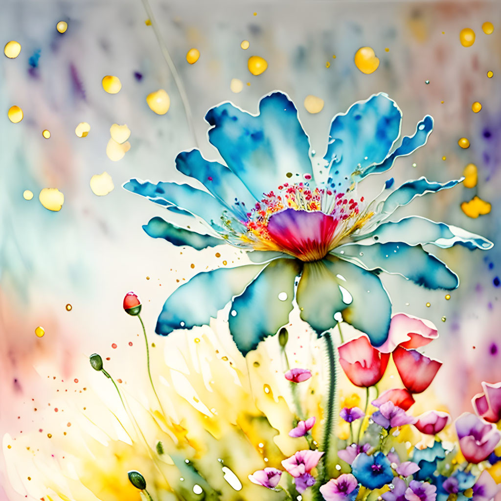 Colorful Digital Art: Blue Flower with Water Splashes and Bokeh