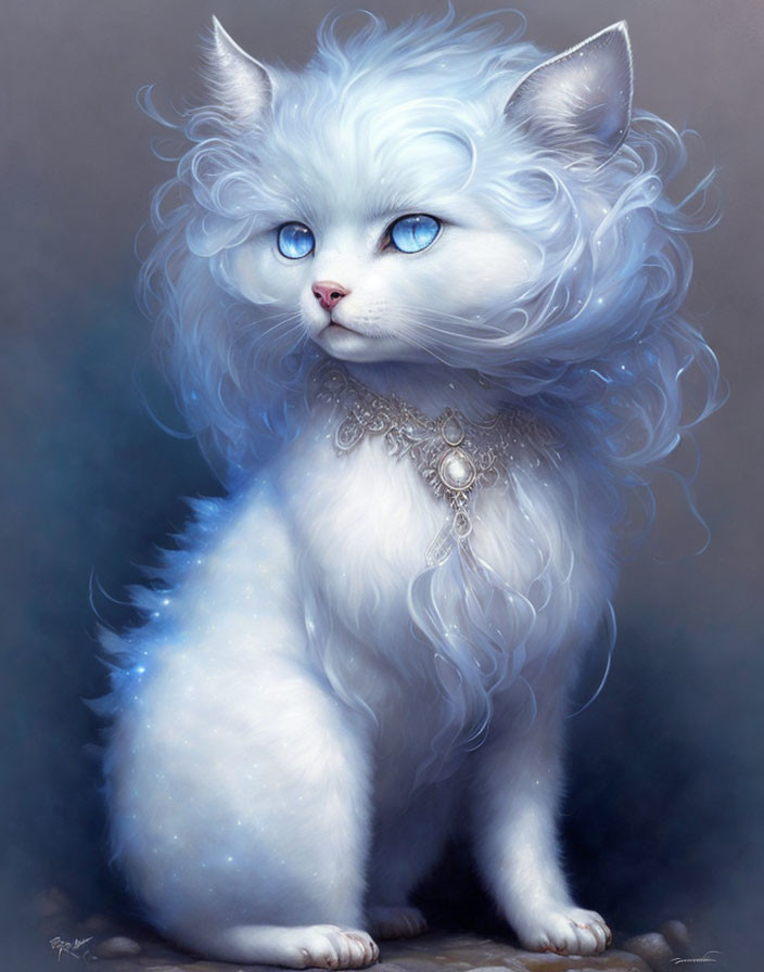 Fluffy white cat with blue eyes and curly mane wearing necklace.