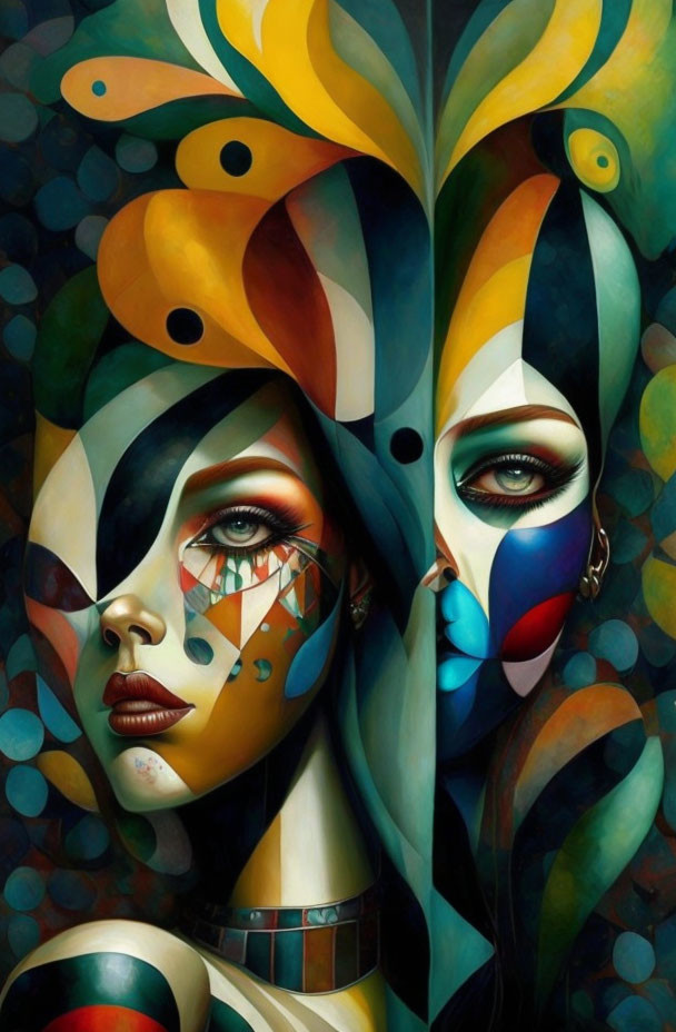 Colorful Surrealist Painting: Symmetrical Faces with Peacock Feathers & Geometric Patterns