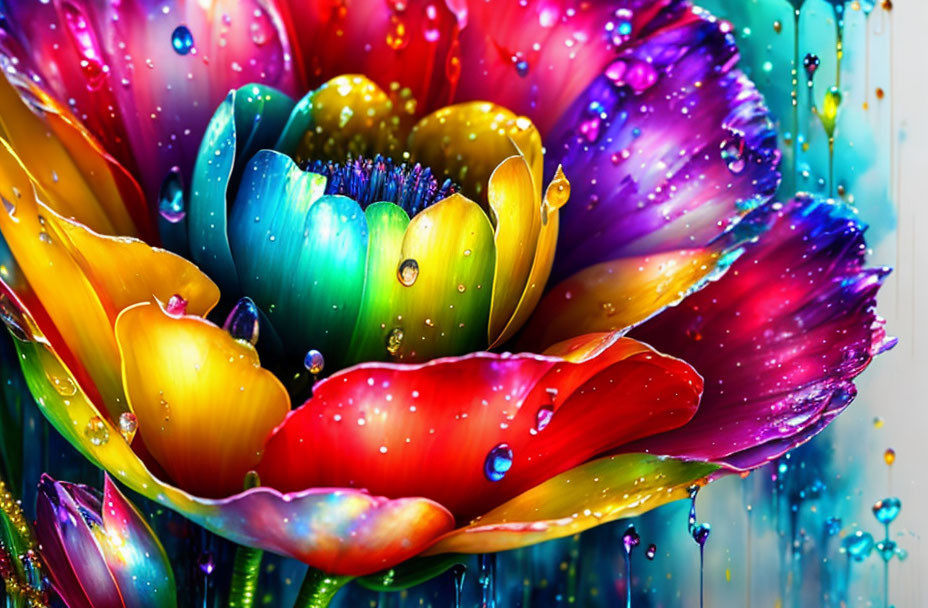 Colorful digitally-enhanced flower with water droplets on blurred background