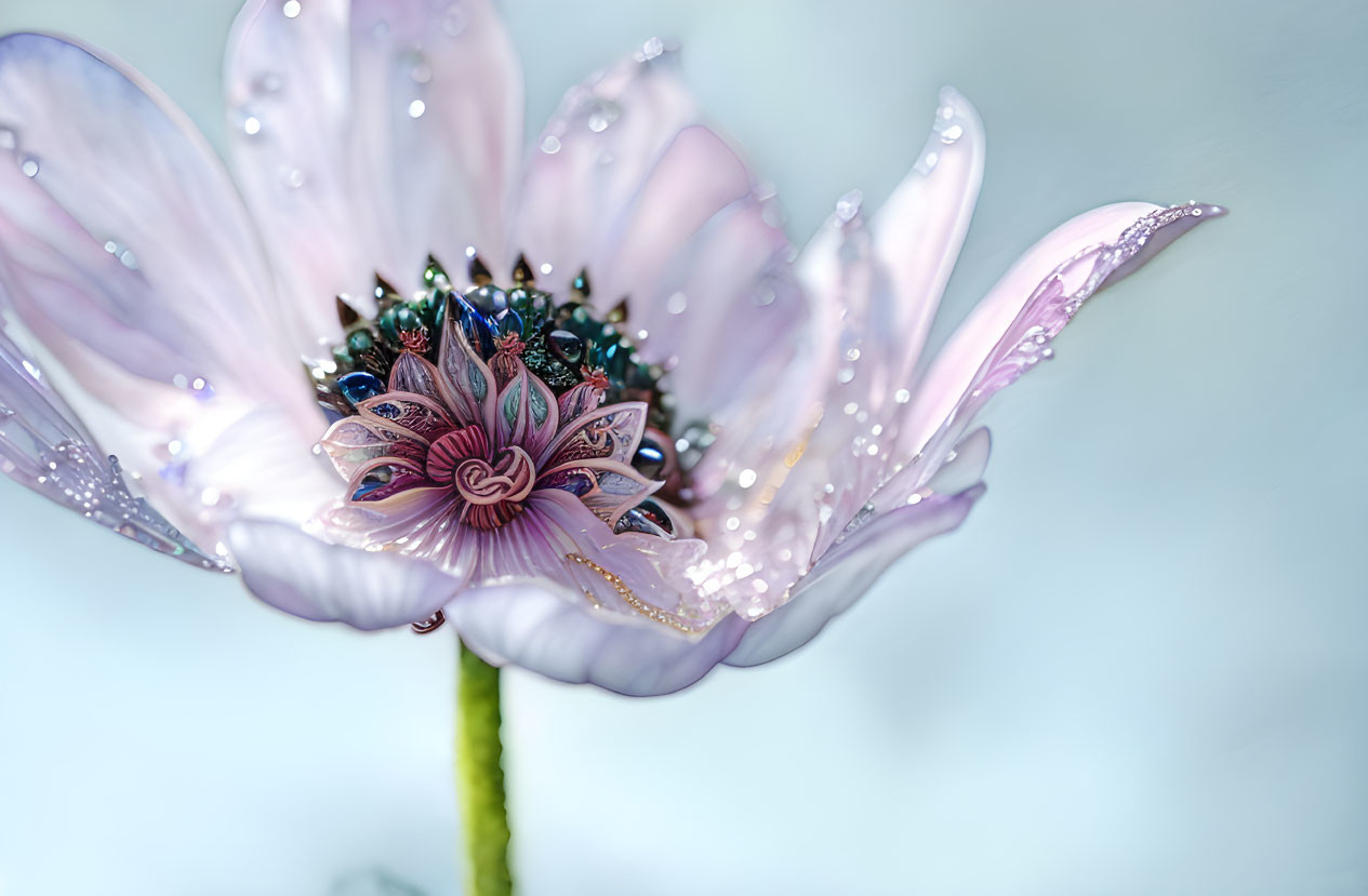 Detailed close-up of dew-covered flower petals in soft purple hue against blurred blue background