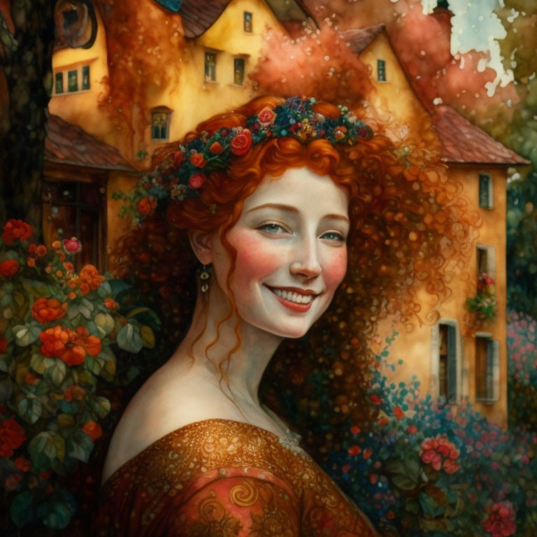 Smiling woman with red curly hair in flower crown against fairytale backdrop