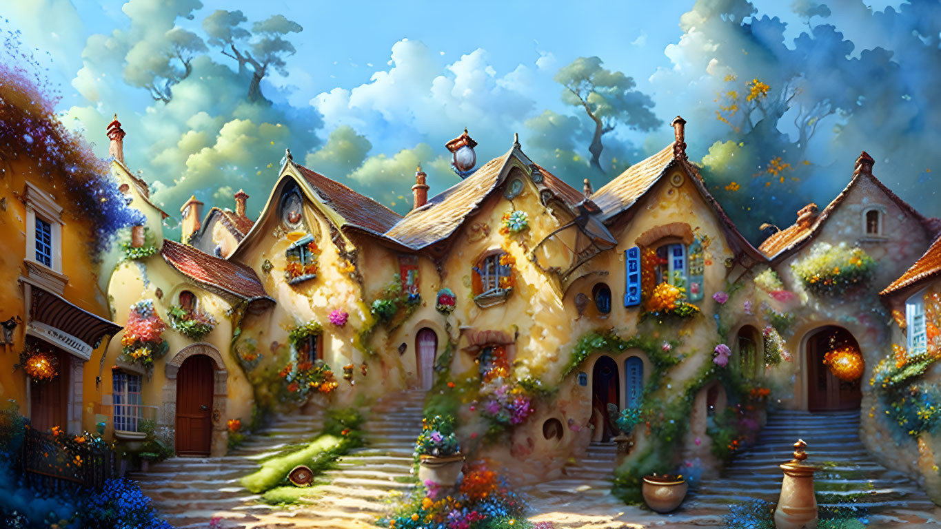 Colorful Village Street with Quirky Houses and Flower Decorations