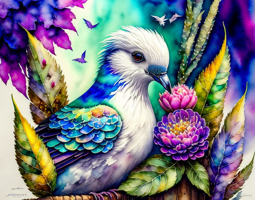 Colorful Watercolor Painting of Bird with Floral Background