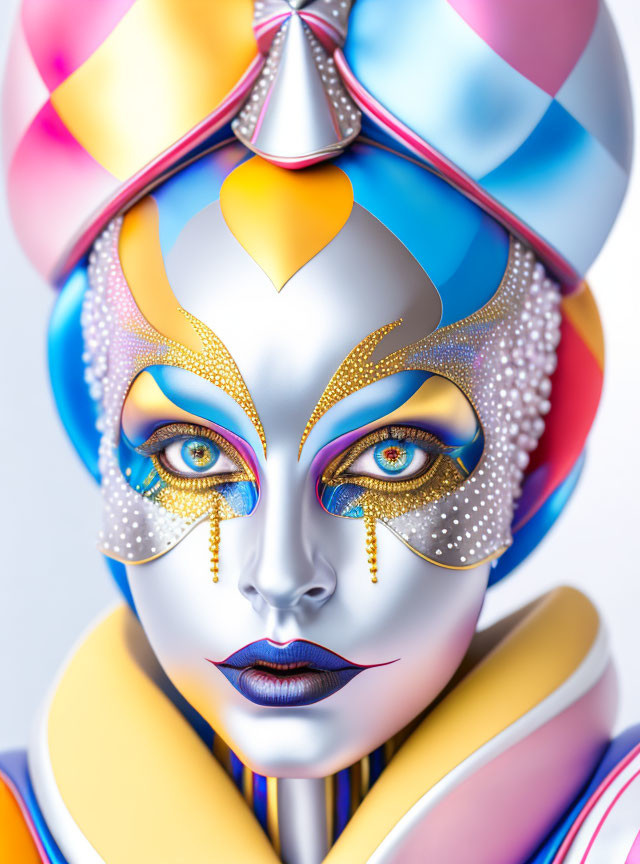 Elaborate colorful metallic makeup and costume with vibrant headpiece and rhinestones