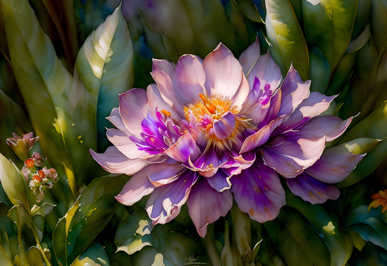 Close-up of blooming purple and white flower on green foliage.