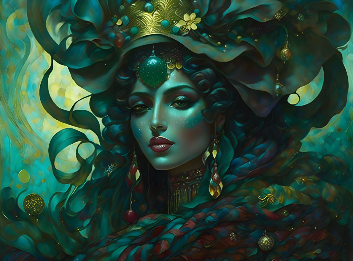 Fantasy portrait of woman with green skin and golden jewelry