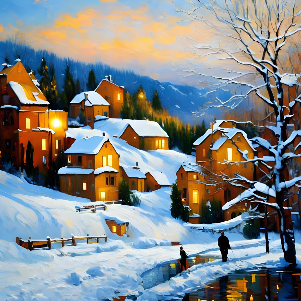 Snow-covered houses and figures by icy river in winter sunset scene