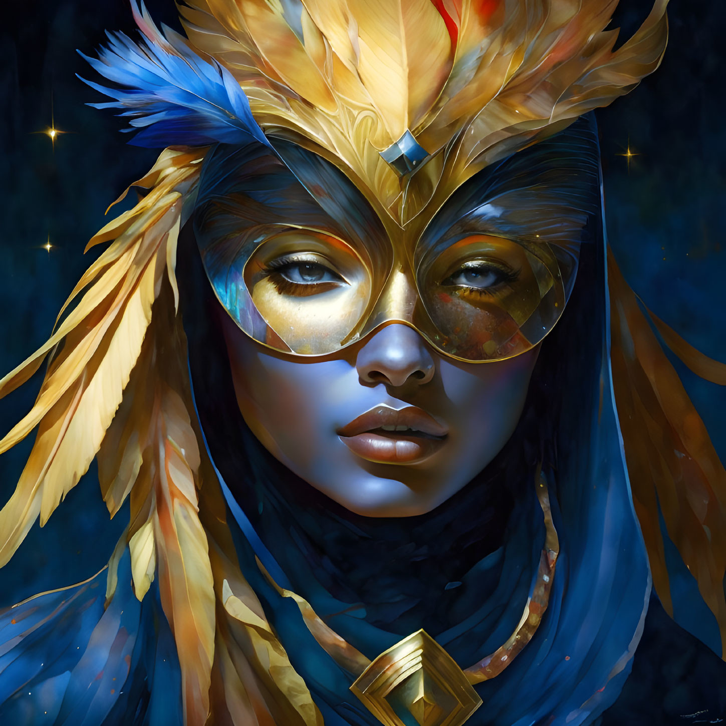 Digital portrait featuring person with golden feathered headgear and reflective glasses against dark starry background.