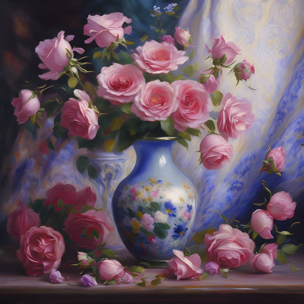 Colorful oil painting of pink roses in blue vase