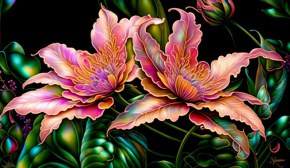 Colorful digital artwork: Pink & yellow iridescent flowers on dark backdrop