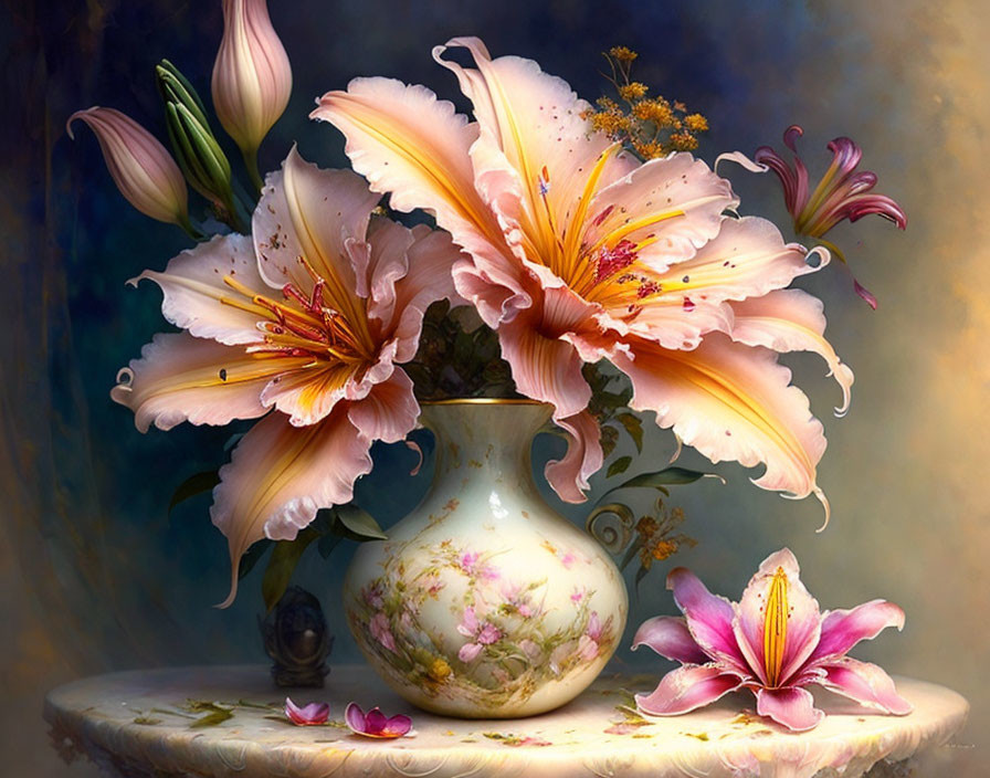 Pink lilies still life painting with floral vase on round table