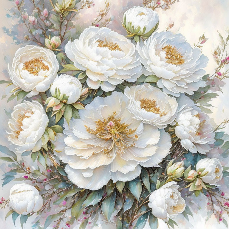 Lush White Peonies with Golden Centers Surrounded by Pink Blossoms